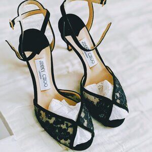 NWT, Jimmy Choo Sacora 85 Black Suede and Lace Peep Toe Ankle Strap Sandals